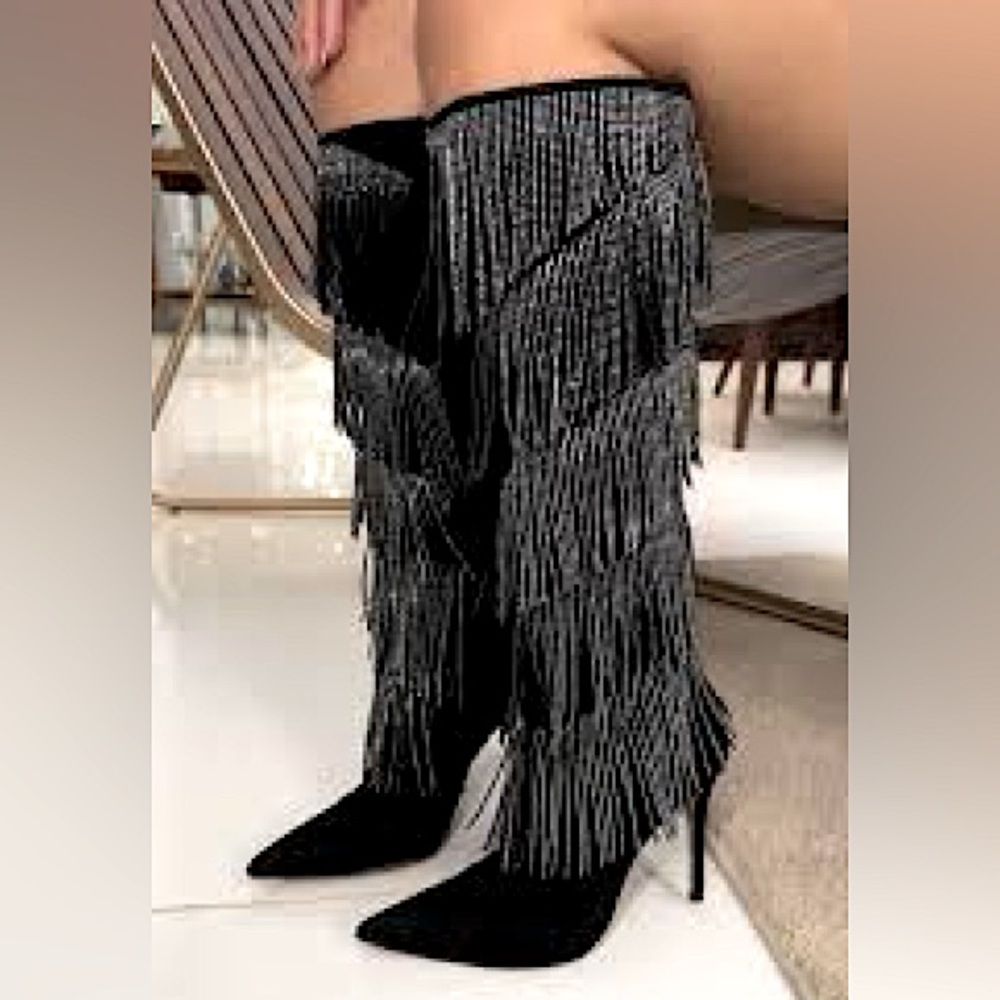 🔥 NIB New INC International Concepts Shyn Black Fringe Knee High Boots 5 5.5